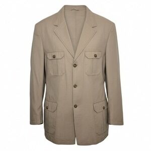 FRANK EDEN Men Tan Utility Blazer Jacket Safari Style Lightweight Button Up Coat